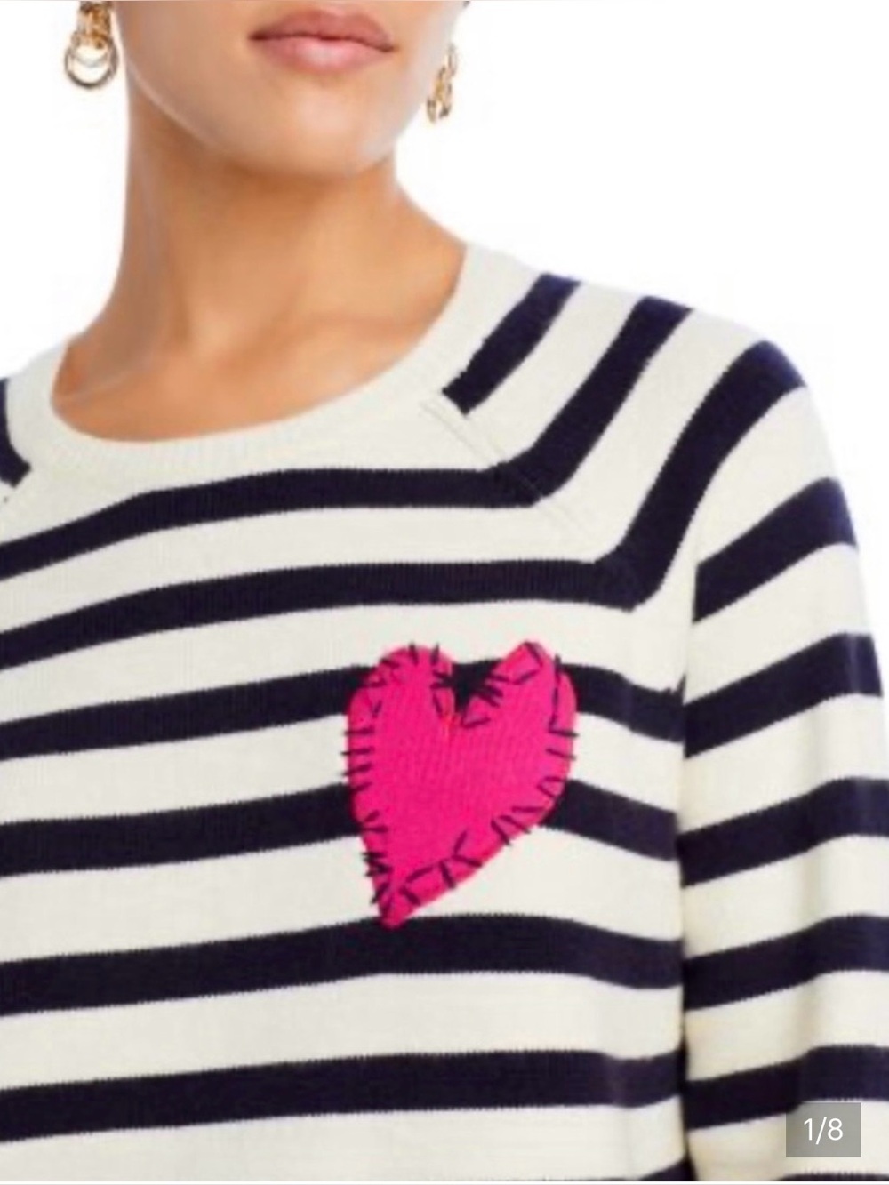 Rosenthal Cream and Navy Striped Crewneck with Fuchsia Heart Patch
